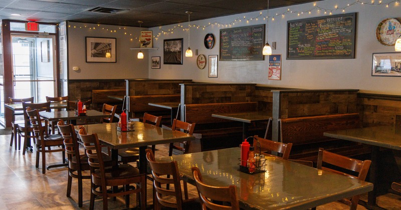 Interior, seating space, tables and booths