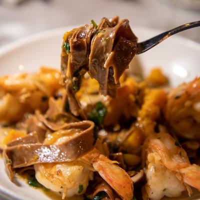 Homemade Porcini Tagliatelle with Shrimp.