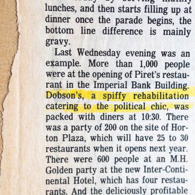 An old newspaper article on restaurants visit last Wednesday, Dobson's name highlighted