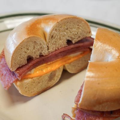 Ham, egg, and American cheese breakfast bagel.