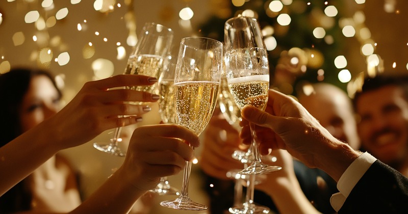 A cheerful gathering of people toasting with champagne glasses in celebration