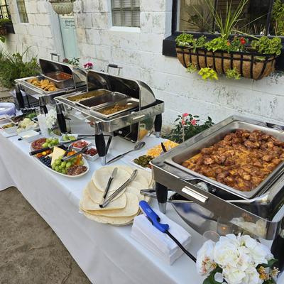 Food in serving containers.