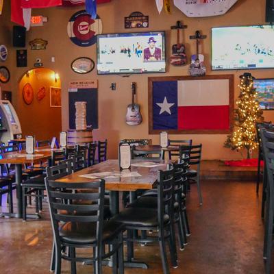 Interior of sports bar, seating area.