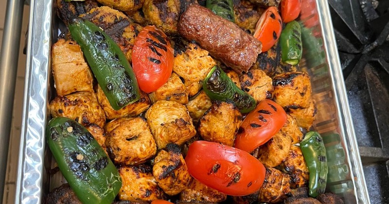 Mixed grill catering platter with grilled vegetables