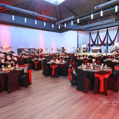 Banquet tables with served meals.