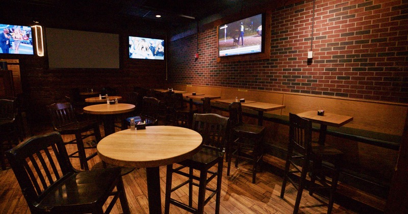 Seating area, tables with bar stools