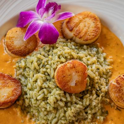 Seared Scallops with Pesto Risotto, garnished with a pink orchid flower.