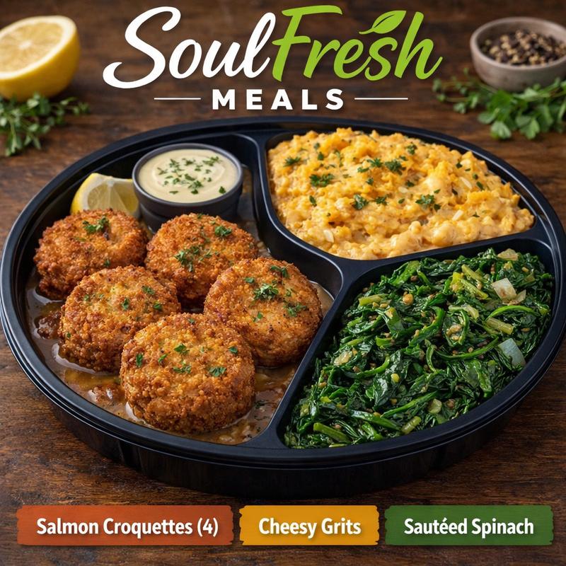 menu item 20 of 43, Salmon Croquettes | Cheesy Grits | Sautéed Spinach