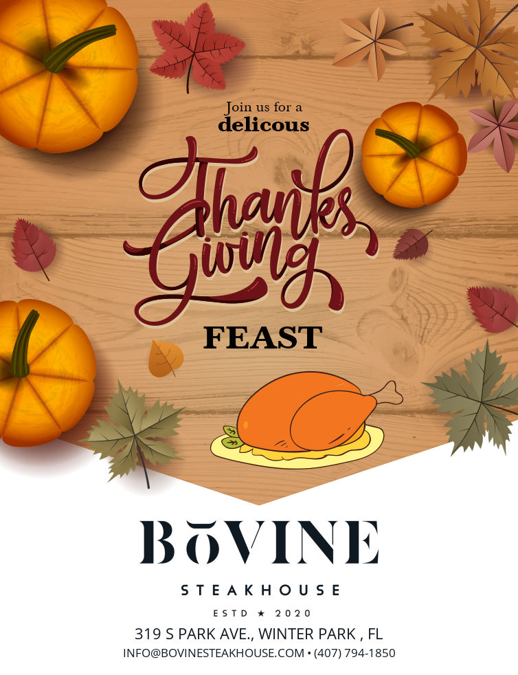 A colorful animated flyer promoting Thanksgiving dinner at BoVine steakhouse.  Picture of pumpkins and fall leaves..