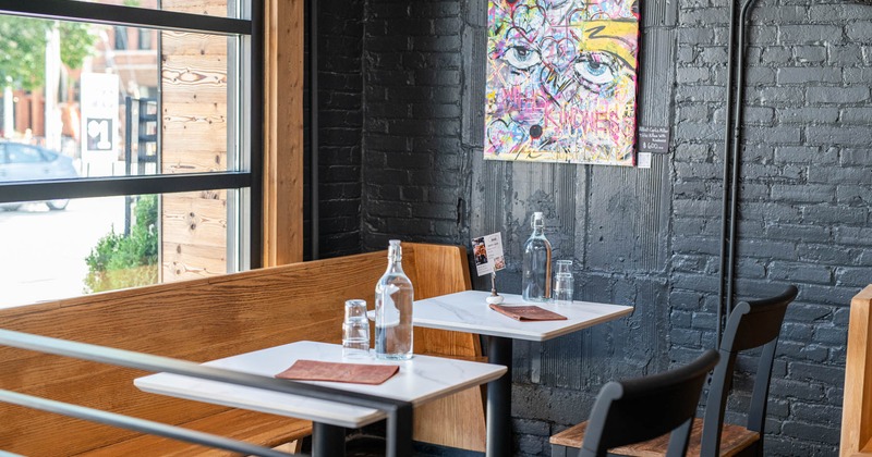 Interior, tables, chairs and a bench