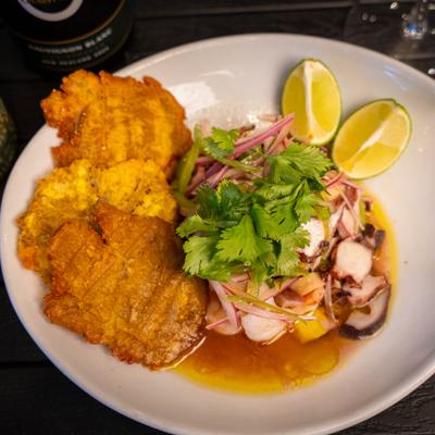 Caribbean seafood salad, served, top view