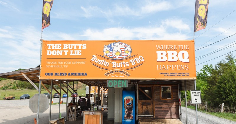 Front view to  grocery store with natural local products and  smoked meat specialties