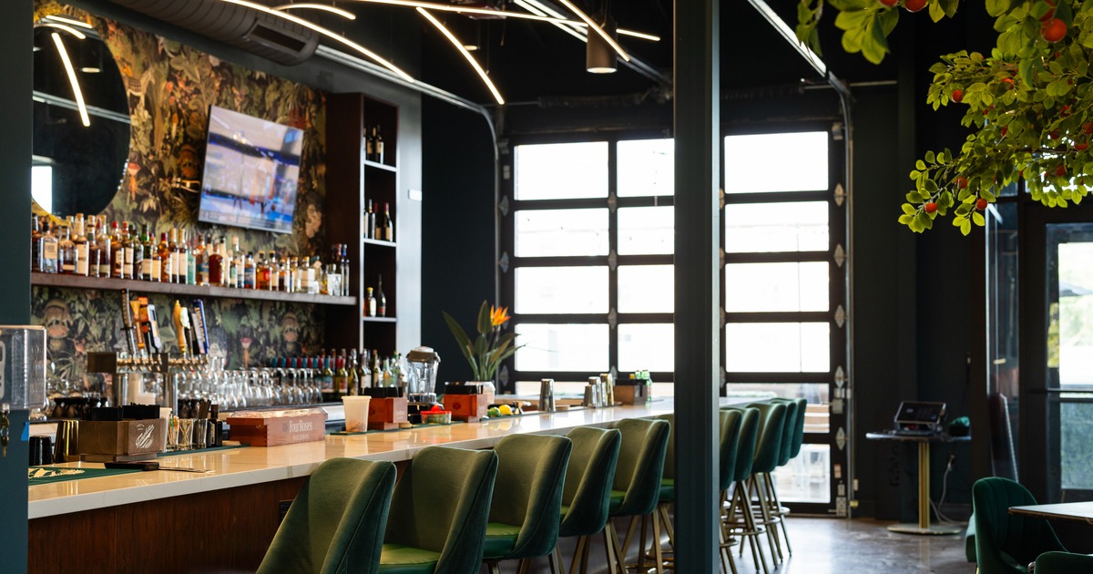 Bar area, bar, bar stools, drink rack