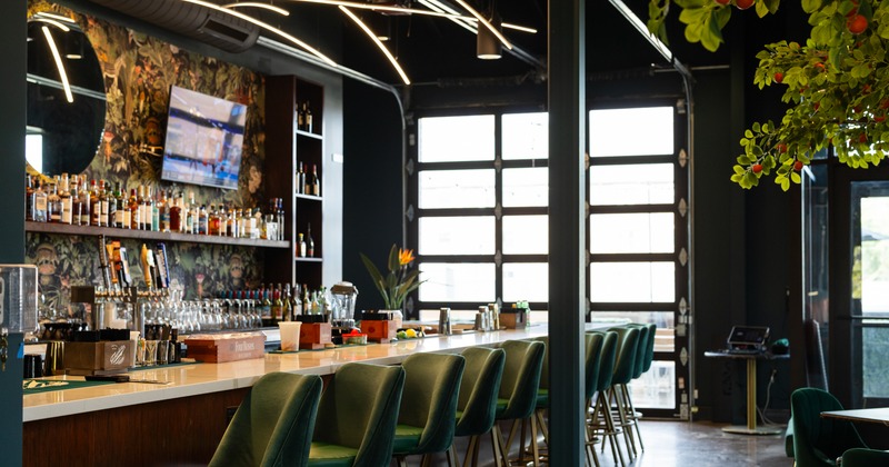 Bar area, bar, bar stools, drink rack