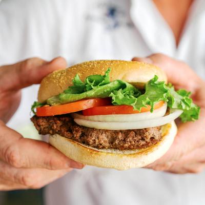 Burger, with lettuce, tomato, onion, and mayo.