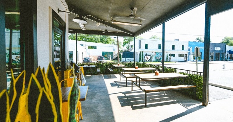 Covered patio with picnic tables