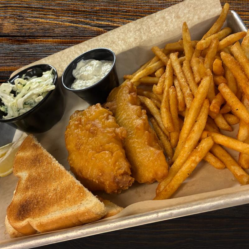 menu item 45 of 46, Beer Battered Alaskan Cod, Texas Toast, Fries & Coleslaw