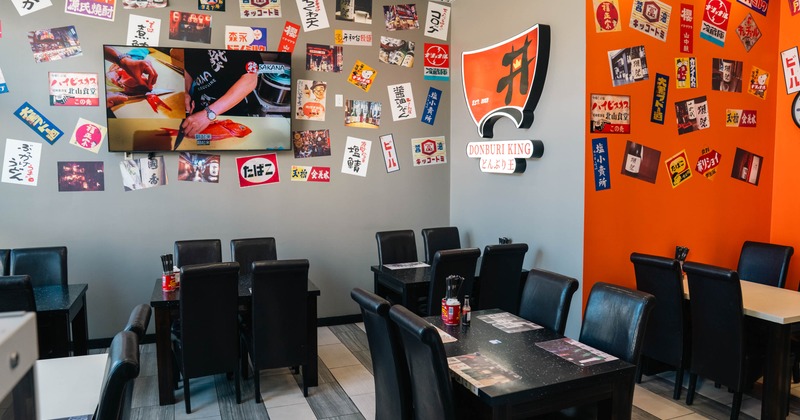 Interior seating area with chairs and tables
