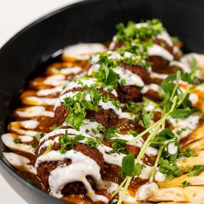 Falafel and Smoked Eggplant, with pita bread.