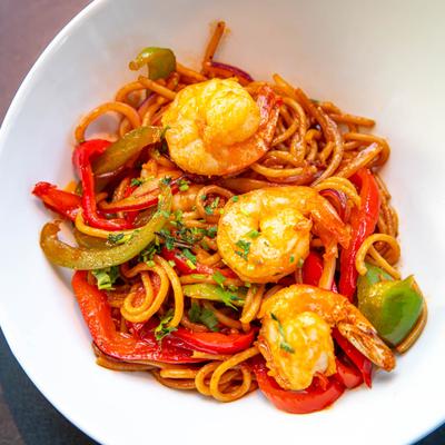 Shrimp pasta, with sauteed veggies.