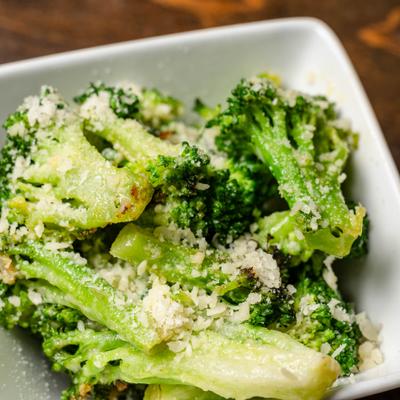 Roasted broccoli served, closeup
