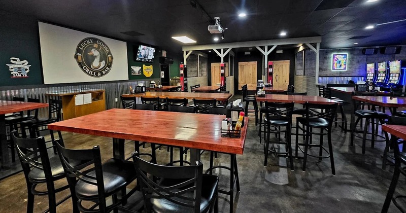 Seating area, tall tables and chairs