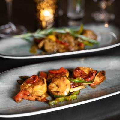 Shrimp bites with peppers.