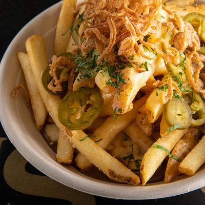 Duke's fries, side view, closeup