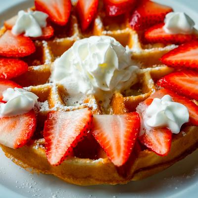 Strawberry waffle with whipped cream.