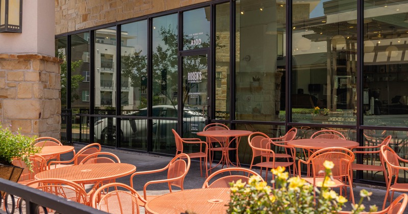 Outdoor seating area, tables and chairs