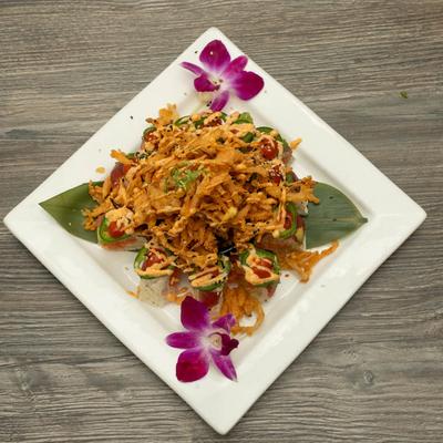 Sushi rolls and tempura veggies.