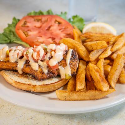 The Mahi sandwich with fries.