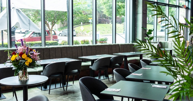 Interior, seating space by the large windows