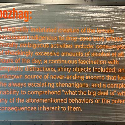 Interior, sign on a wall.