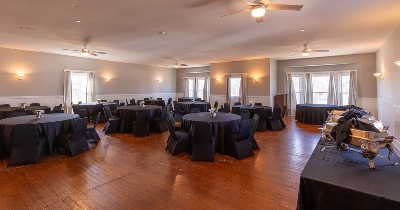 Interior, banquet hall with round tables