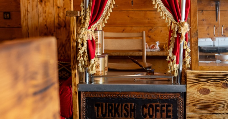 Turkish coffe, antique canopied issuing desk