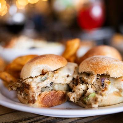 Close-up of Hawaiian tuna melt sliders.