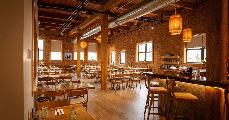 Restaurant interior, dining area and bar