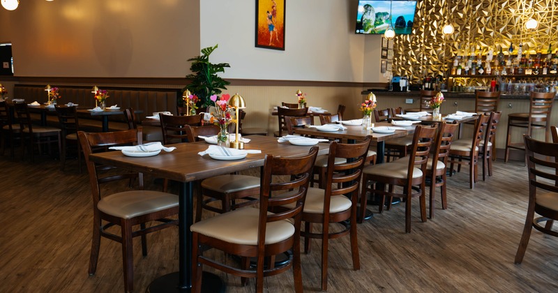Interior, tables and chairs lined up