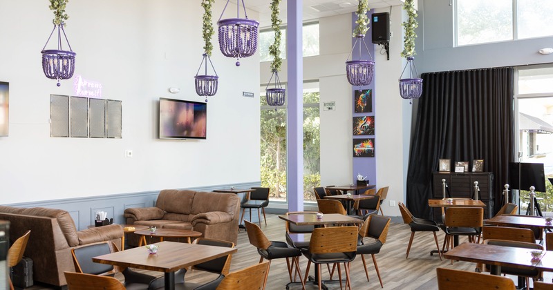 Interior, diner area, tables, chairs