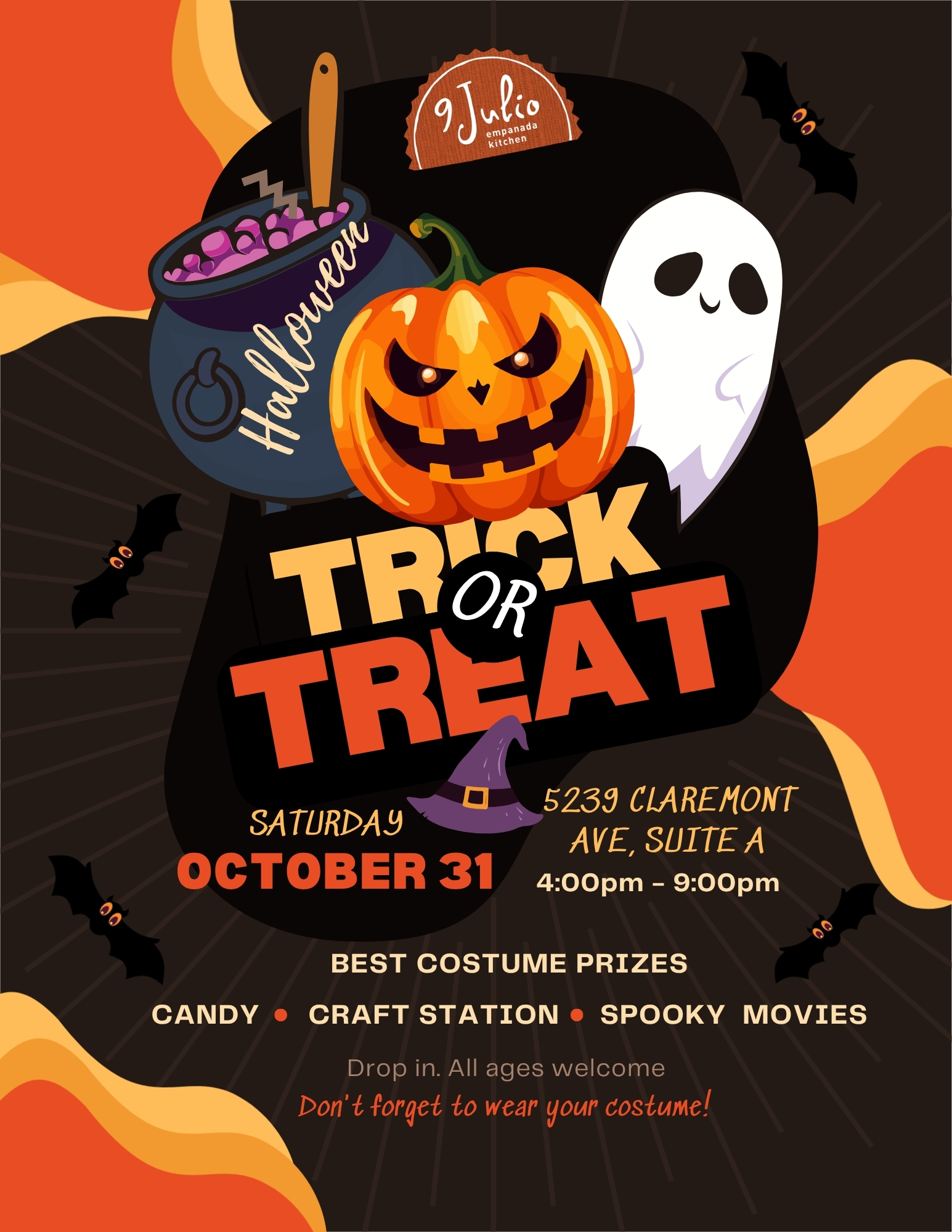 Halloween Trick-or-Treat Party Saturday, October 31 4-9pm. Candy, craft station, and scary movies. All ages welcome.