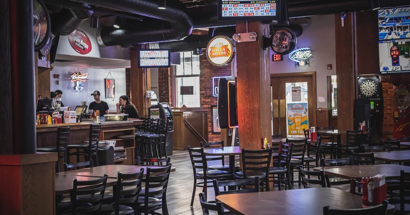 Interior, downstairs, bar area and seating