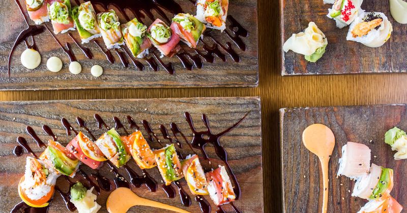 Different types of sushi on a table