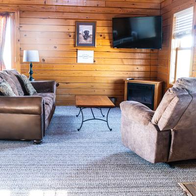 A cozy living room featuring a comfortable couch, an armchair, and a TV on a wooden wall.