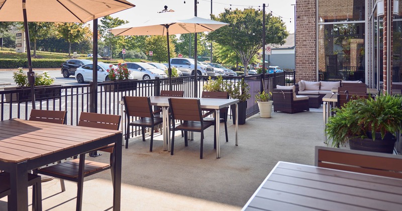 Outside, patio, dining tables, parasols