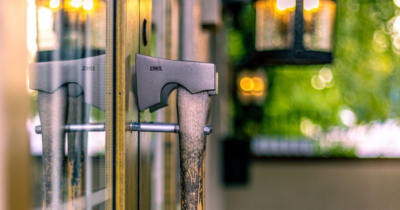 Exterior, axe shaped door knob, closeup