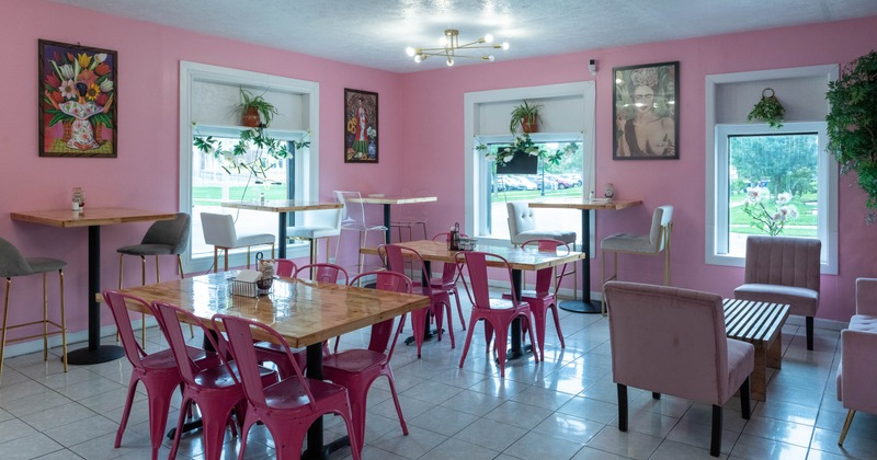 Interior, seating area, tables ready for guests