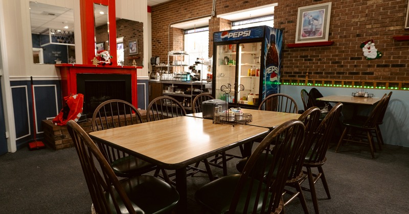 Cozy interior dining area, dining table for eight guests close up