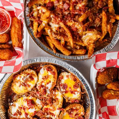 Loaded French Fries, Loaded Potato Skins, and Jalapeno Poppers.