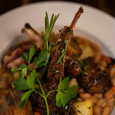 Cassoulet of Lamb, Duck & Pork, extreme close up.